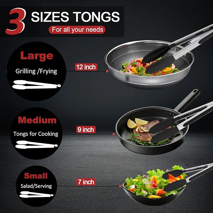 9 Pieces Silicone Tongs for Cooking 7,9,12 inches Kitchen Tongs with Silicone Tip Stainless Steel Heat Resistant Cooking Tongs for Food Grill Salad BBQ Frying and Serving, Black
