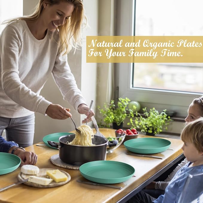 Wrova Wheat Straw Plates - 9 Inch Unbreakable Dinner Plates Set of 8 - Dishwasher & Microwave Safe Plastic Plates Reusable for Kitchen and Camping (Green)