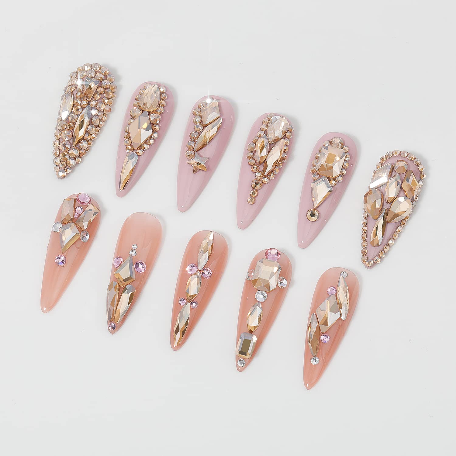 HNUIX Nail Rhinestones - 3D Multi Shape Size Crystal, Champagne Gold Nail Gems, Flat Back, with Kit, for Nail Art, DIY Decorations-BrightBean Baby
