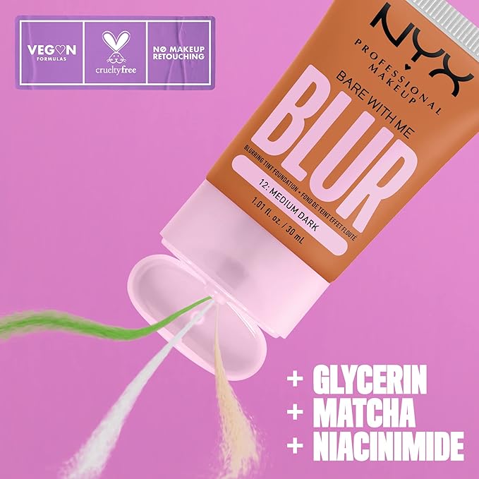 NYX PROFESSIONAL MAKEUP Bare With Me Blur Skin Tint Foundation Make Up with Matcha, Glycerin & Niacinamide - Medium Dark-BrightBean Baby