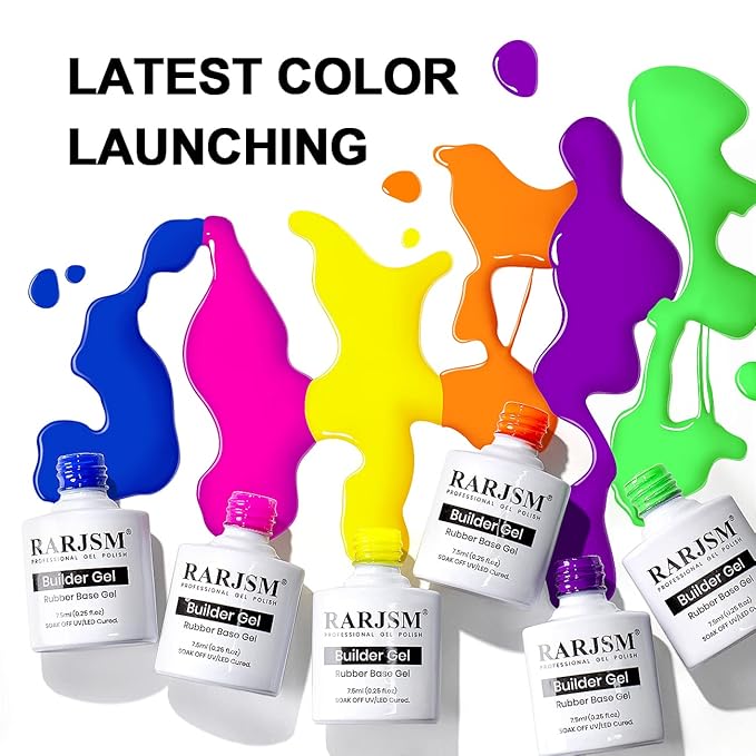 RARJSM Rubber Base Gel for Nails,Neon Gel Nail Polish Set,Neon Orange Green Blue Purple Yellow Rose Red Builder Base Gel in a Bottle ExtensionGel Bright Summer Colors LED UV Cured Home Salon DIY-BrightBean Baby