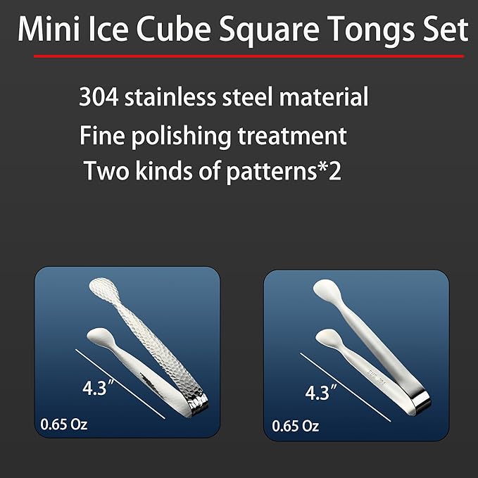 4Pcs 4.3" Stainless Steel Mini Ice Tongs – Ideal for coffee bars, tea parties, dessert events & kitchen use (sugar/ice buckets, appetizers). Available in shiny/textured surface styles for versatile