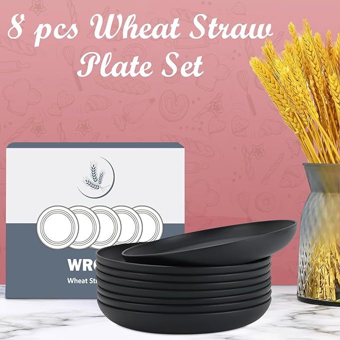 Wrova Wheat Straw Plates - 9 Inch Unbreakable Dinner Plates Set of 8 - Dishwasher & Microwave Safe Plastic Plates Reusable - Lightweight Plate for kitchen,camping (pure black)