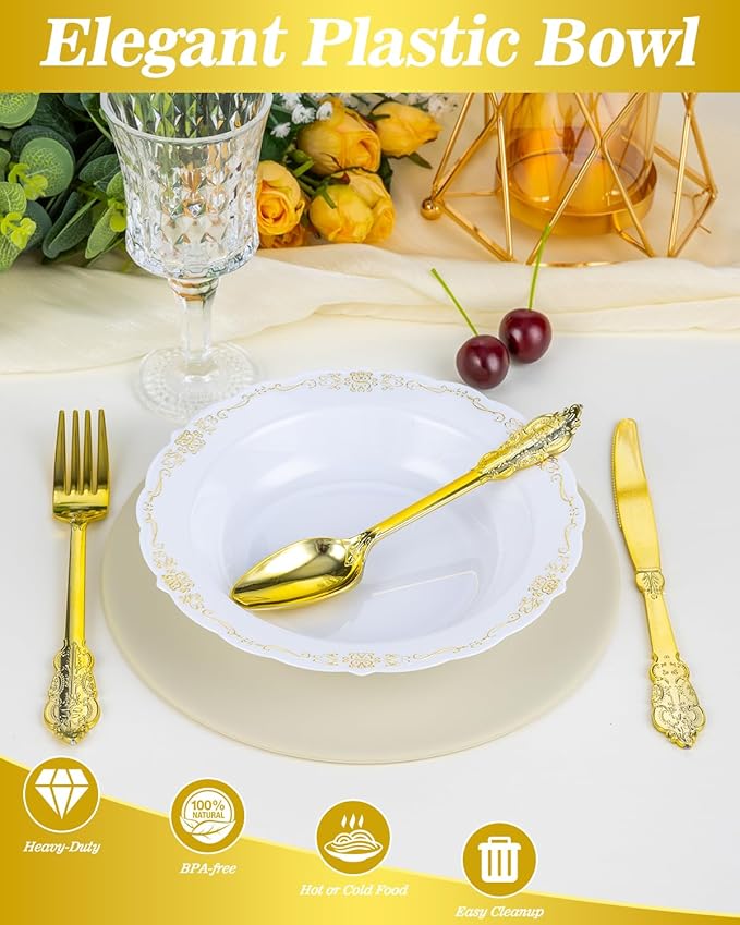 100 Pack White Plastic Bowls with Gold Rim, 12oz Disposable Soup Bowl, Heavy Duty Dinner Bowls for Party, Weddings, Dinners, Catering and Everyday Use