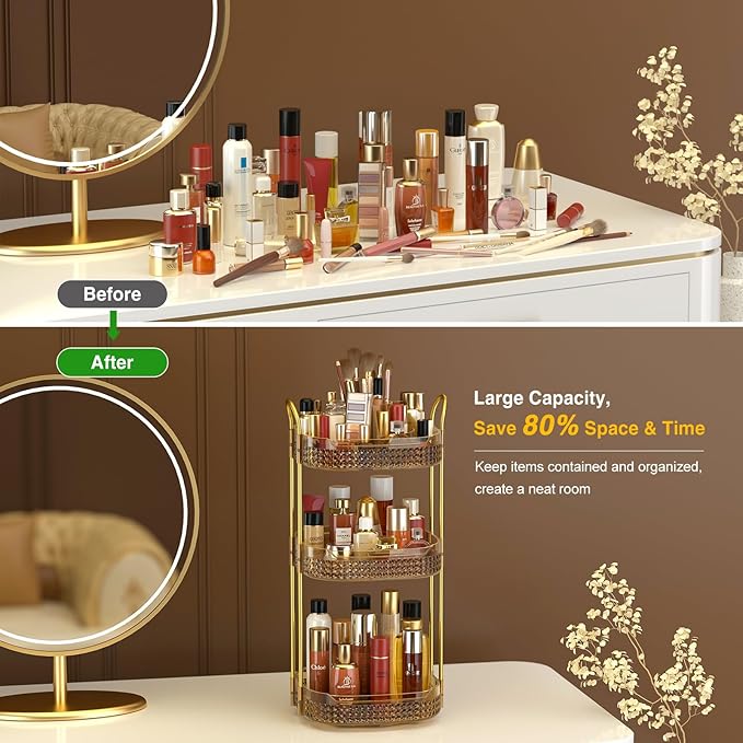 Awenia Rotating Makeup Organizer 360, Stackable Adjustable Large Capacity Cosmetic Storage Unit,Dresser Bathroom Kitchen Countertop Organizer with Metal Handle, Plus Size (Honorable Gold, 3 Tier)-BrightBean Baby