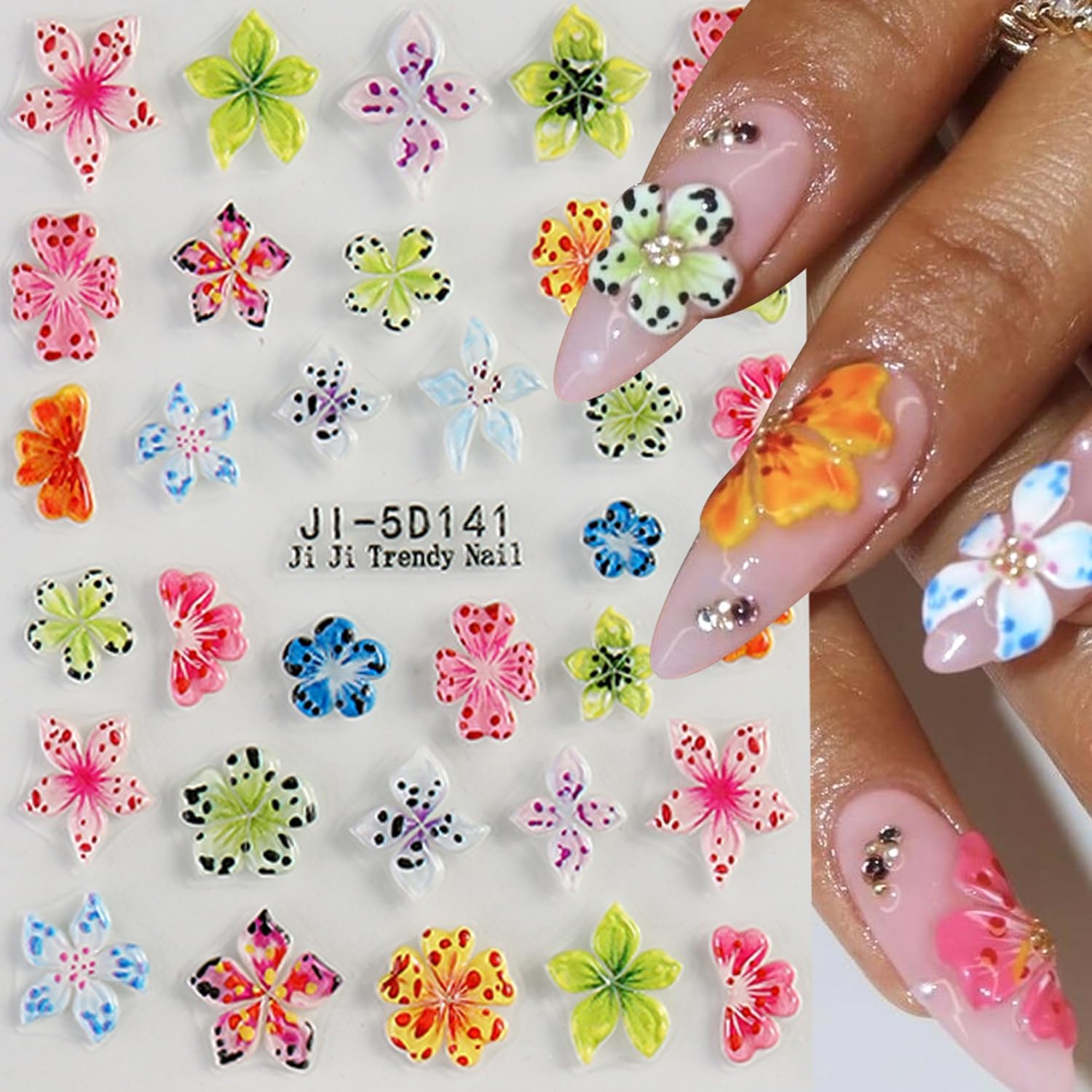 Colorful Flower Nails Art Stickers 5D Self-Adhesive Embossed Nails Stickers Hibiscus Flower Design Tropical Floral Nails Decal Supplies Women DIY Nail Art Decoration 3 Sheets-BrightBean Baby