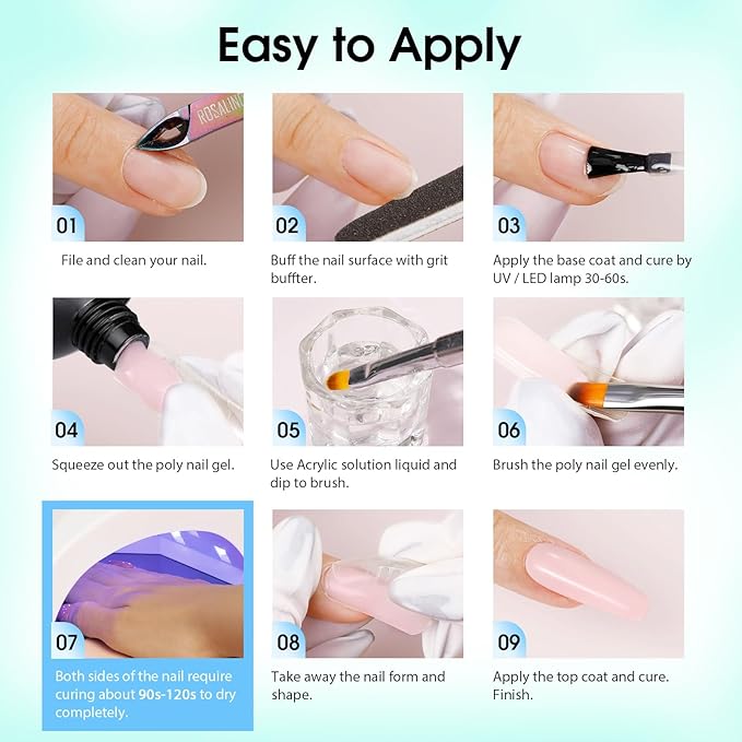 ROSALIND Poly Nail Gel Kit -12 Colors + Nail Art Accessories Kit Summer Neon Poly Nails Gel Kit Starter Kit With Slip Solution Pro Bright Colors Nail Extensions Gel Set with Mini UV Lamp-BrightBean Baby