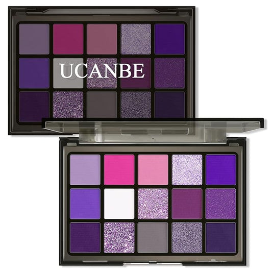 UCANBE Purple Eyeshadow Makeup Palette, 15 Colors Dark Smokey Shimmer Matte Metallic Glitter Eye Shadow Pallet, Violet Lavender Pink Make Up Kit for Cosplay Halloween Ursula Witch Costume Parties-BrightBean Baby