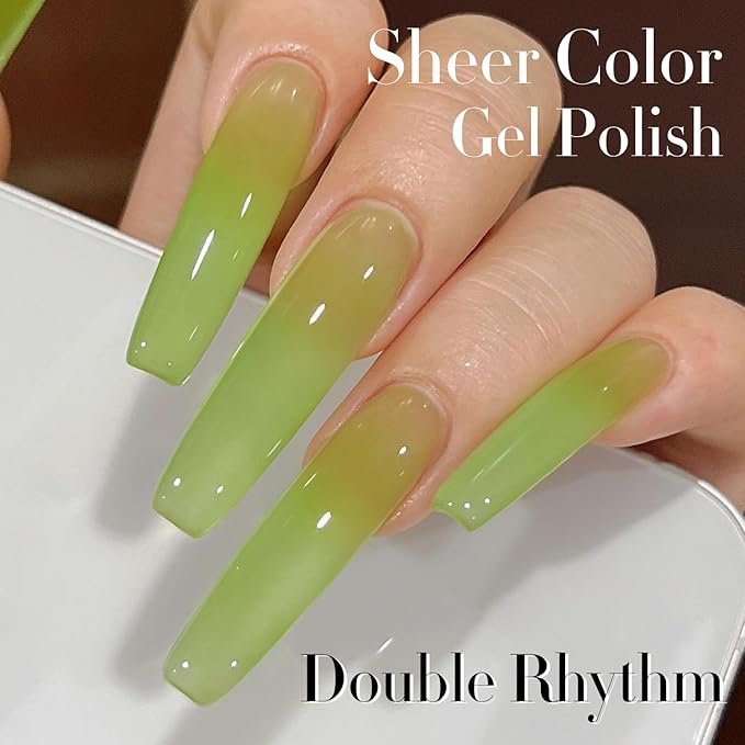 Double Rhythm Translucent Gel Polish Sheer Neutral Natural Light Milky Same Color Same Bottle 15ML Jelly Nail Polish Nail Art DIY at Home (Green-A1408)-BrightBean Baby