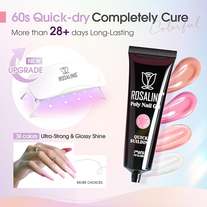 ROSALIND 38PCS Poly Nail Gel Kit with Mini Nail Lamp Neon Blue Poly Extension Gels Kit Hot Pink Nude Poly Nails Set-BrightBean Baby
