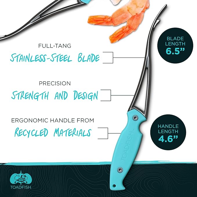 Toadfish Shrimp Deveiner Tool - Prawn & Seafood Peeler - Frogmore Shrimp Cleaner - Steel Butterfly Blade - Kitchen Essential - Ergonomic Handle - Stainless Steel - Full-Tang Strength