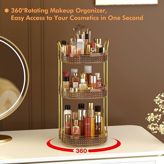 Awenia Rotating Makeup Organizer 360, Stackable Adjustable Large Capacity Cosmetic Storage Unit,Dresser Bathroom Kitchen Countertop Organizer with Metal Handle, Plus Size (Honorable Gold, 3 Tier)-BrightBean Baby