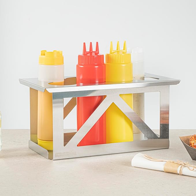 Restaurantware Squeeze Bottle Holder Pack of 1 Stainless Steel 8 Hole Bottle Holder, 2.5" Diameter Fits 1/3 Size Opening, Dishwasher Friendly Integrated Lip Design Holder for Condiment Bottles