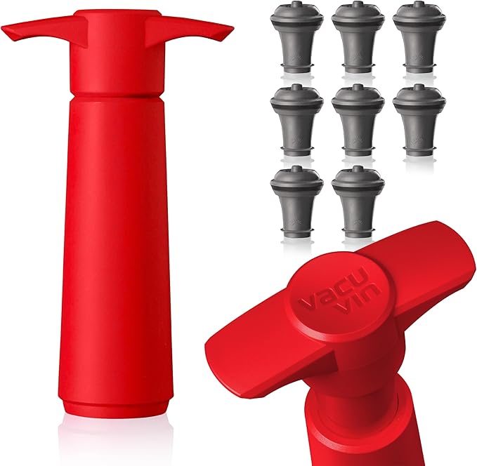 Vacu Vin Wine Saver Pump Red with Vacuum Wine Stopper - Keep Your Wine Fresh for up to 10 Days - 1 Pump 8 Stoppers - Reusable - Made in the Netherlands
