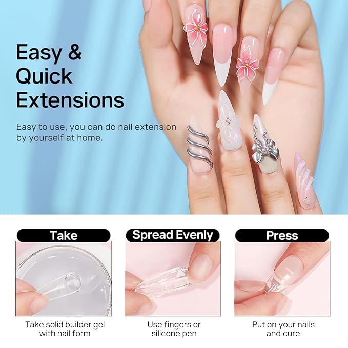 MIZHSE Solid Builder Gel for Nails, Clear 60g 3D Sculpting Gel for Nail Art Non-Sticky Molding Hard Gels UV LED Nail Charm with Gold Chrome Nail Powder and 3D Silicone Flower Mold Kit for DIY Salon-BrightBean Baby