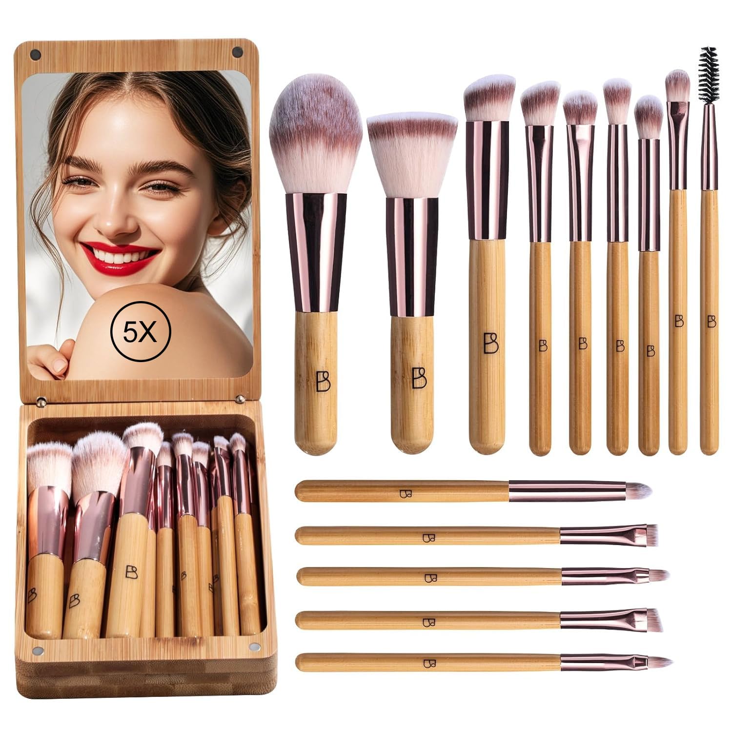 BS-MALL Travel Makeup Brush Set Kabuki Brushes Bamboo- Includes Eyeshadow Blush Brush & Foundation Brush For Liquid Makeup - 5X Magnifier Bamboo Mirror Case For Travel or On the Car Daily Use-BrightBean Baby