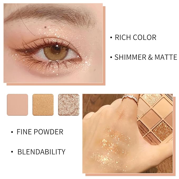 Erinde 9 Colors Eyeshadow Palette, Matte Shimmer Glitter Eye Shadow Makeup Palette, Highly Pigmented Long Lasting Waterproof, Natural Neutral Nude Eyeshadow Makeup Pallet, Oat Milk Tea-BrightBean Baby