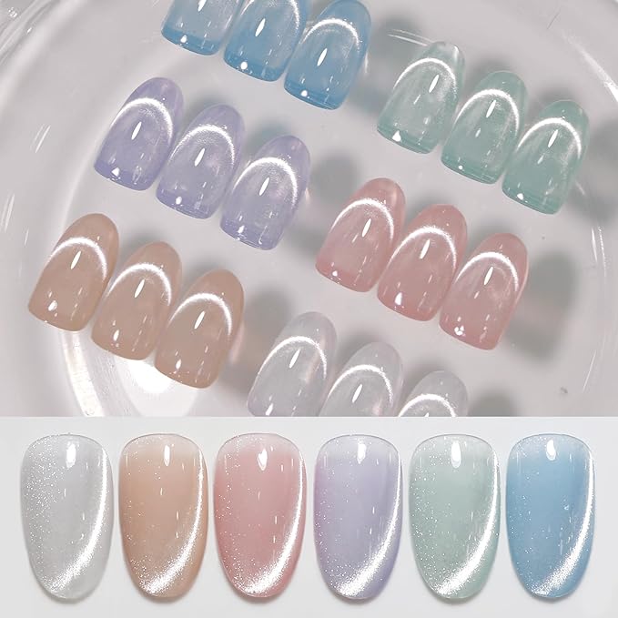 Born Pretty Cat Magnetic Eye Gel Nail Polish, Pastel Milky Jelly Cat Magnetic Gel Pastel Blue Green Purple Pink Nude Silver Nail Art Gel Manicure Salon DIY Gifts 7ML 6PCS-BrightBean Baby