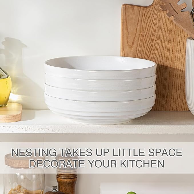 HAPPY KIT Stoneware 9'' Pasta Bowls, 42 Oz Large Salad Bowls Set of 4, Serving Bowls Perfect for Dessert, Soup, Fruit, Noodle, Granite White