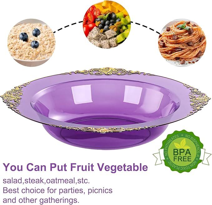 Nervure 50PCS Purple Plastic Bowls with Gold Rim - 12oz Disposable Soup Bowls, Heavy Duty Salad Dessert Bowl Perfect For Weddings, Parties and Everyday Use