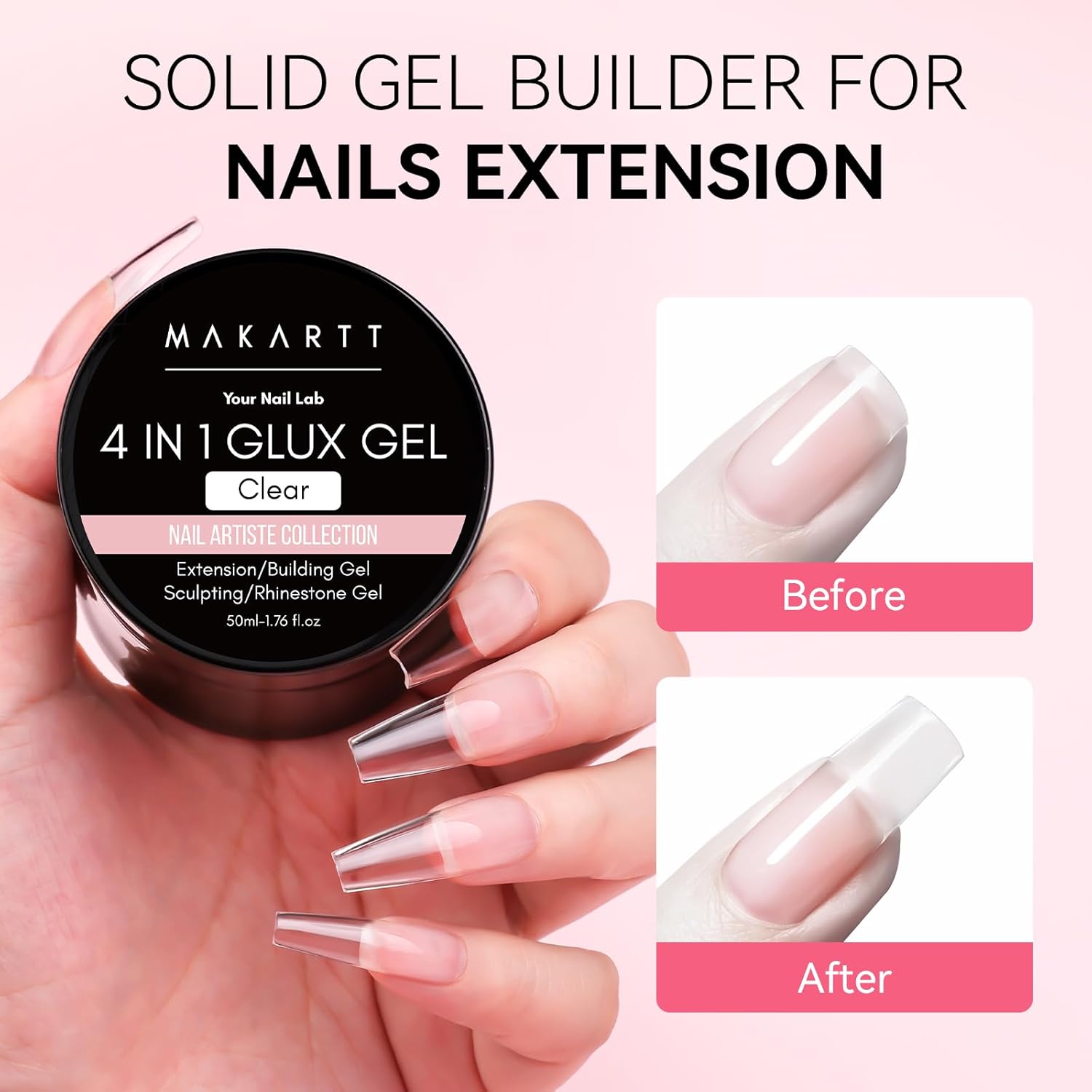 Makartt 3D Gel Nail Art: 50g 3D Nail Gel Clear Non-sticky 3d Sculpting Gels, 4-in-1 Solid Gels Builder for Extension, UV Glue for Acrylic Tips, Rhinestones & 3d Carving for Home Salon DIY-BrightBean Baby