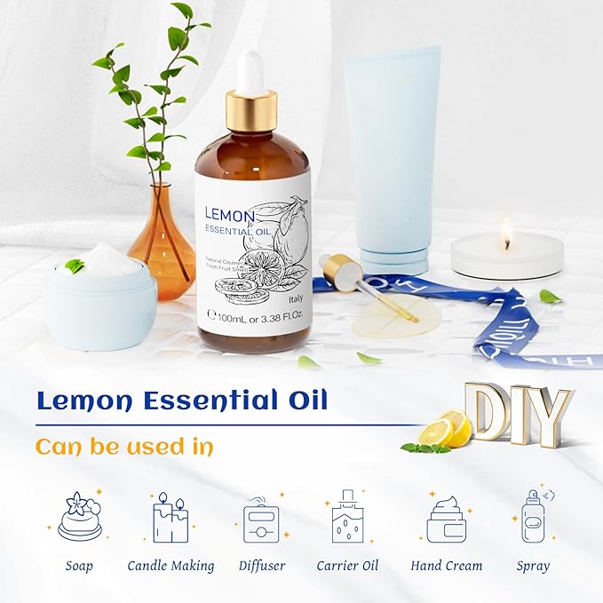 HIQILI Lemon Essential Oil, Household Cleaning, Air Purification, Skin Care, Can be Added to Cleansers, Sprays, Body Lotions Use - 3.38 Fl Oz/100ML-BrightBean Baby