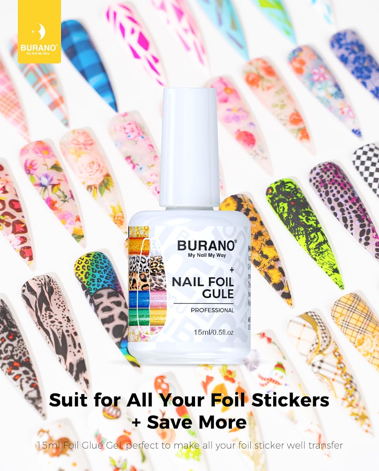 BURANO Nail Art Nail Foil Glue Gel, o.5 oz with 10PCS Foil Stickers Set Nail Foil Glue for Nails Foil Transfer Gel, Nail Design DIY UV LED Lamp Required (Animal Foil 06)-BrightBean Baby