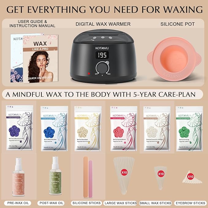 KOTAMU Waxing Kit-Professional Wax Warmer for Women& Men Hair Removal,Black Waxing Machine With Silicone Pot, Sensitive Skin Friendly Body Wax Kit Ideal for Face Bikin Brazilian Leg Home Salon-BrightBean Baby