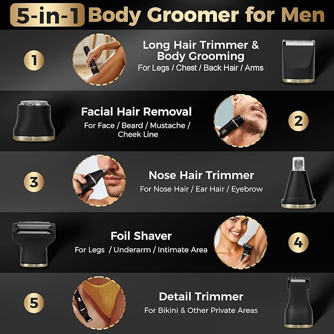 Bikini Trimmer for Women, 5-in-1 Waterproof Electric Razors for Women, Painless Pubic Hair Trimmer, Rechargeable Electric Shaver, Bikini Razor with Travel Case, Body Shaver & Face Nose Trimmer, Black-BrightBean Baby