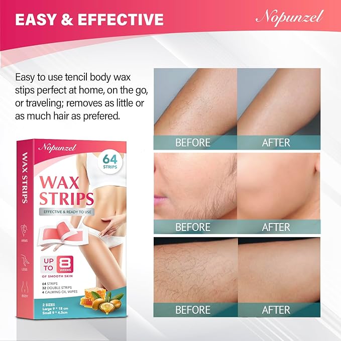Wax Strips: 64 Waxing Strips - Hair Removal Wax - Brazilian Waxing - Waxing Kit for Women - Body Legs Arms Chest Bikini Back - Wax Kit At Home for Hair Removal - 2 sizes - 4 Calming Oil Wipes-BrightBean Baby