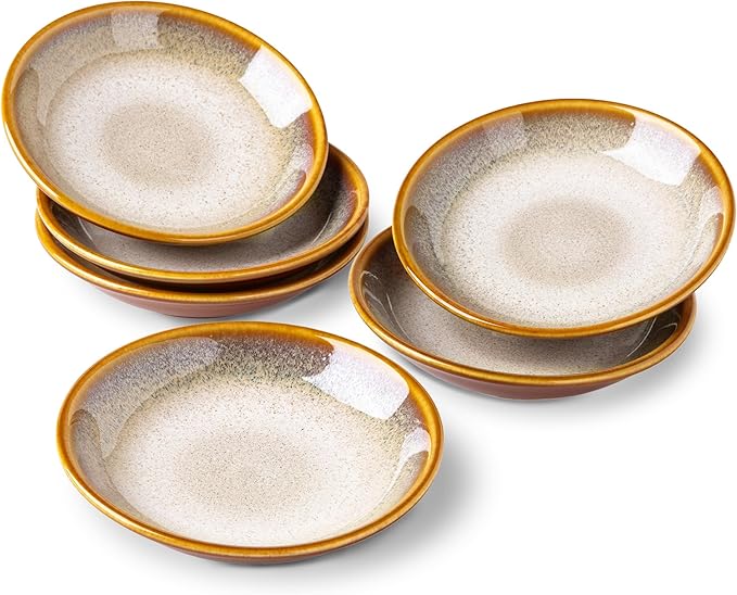 LERATIO Ceramic Soy Sauce Dishes of 6, Reactive Glaze Dipping Sauce Cups/Bowls for Kitchen, 3oz Small Bowls for Side Dishes, Snacks, Sushi, Condiment, Dishwasher Safe - Khaki