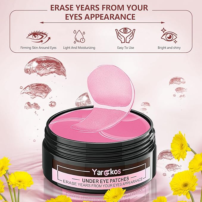 60 Pcs Pink Under Eye Patches with 5 Pieces Travel 24K Gold Eye Mask, 30 Pairs Undereye Mask for Dark Circles Puffy Eye Treatment, Collagen Gel Pads Hydrating for Eye Bag Puffiness Wrinkle-BrightBean Baby