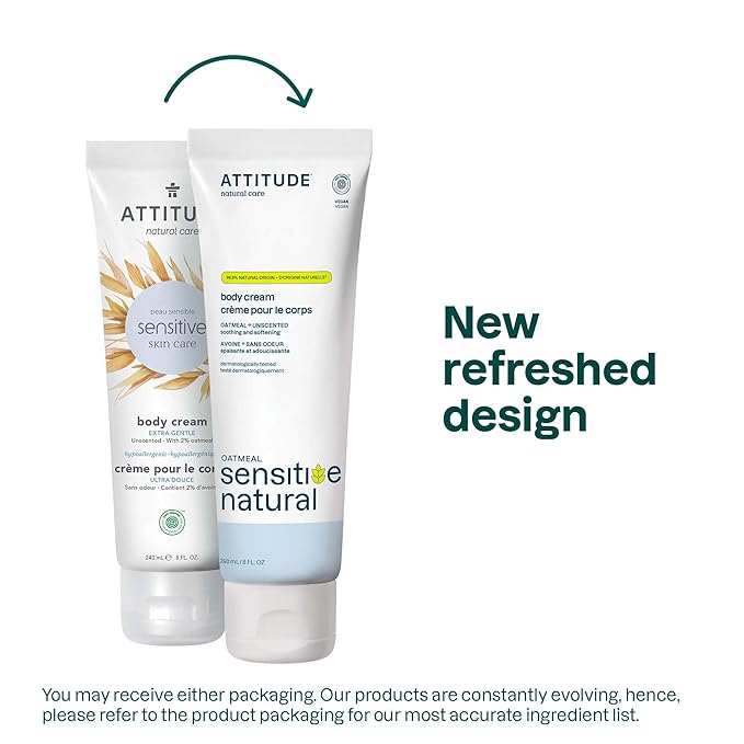 ATTITUDE Body Cream for Sensitive Skin with Oat, EWG Verified, Dermatologically Tested, Vegan, Extra Gentle, Unscented, 8 Fl Oz-BrightBean Baby