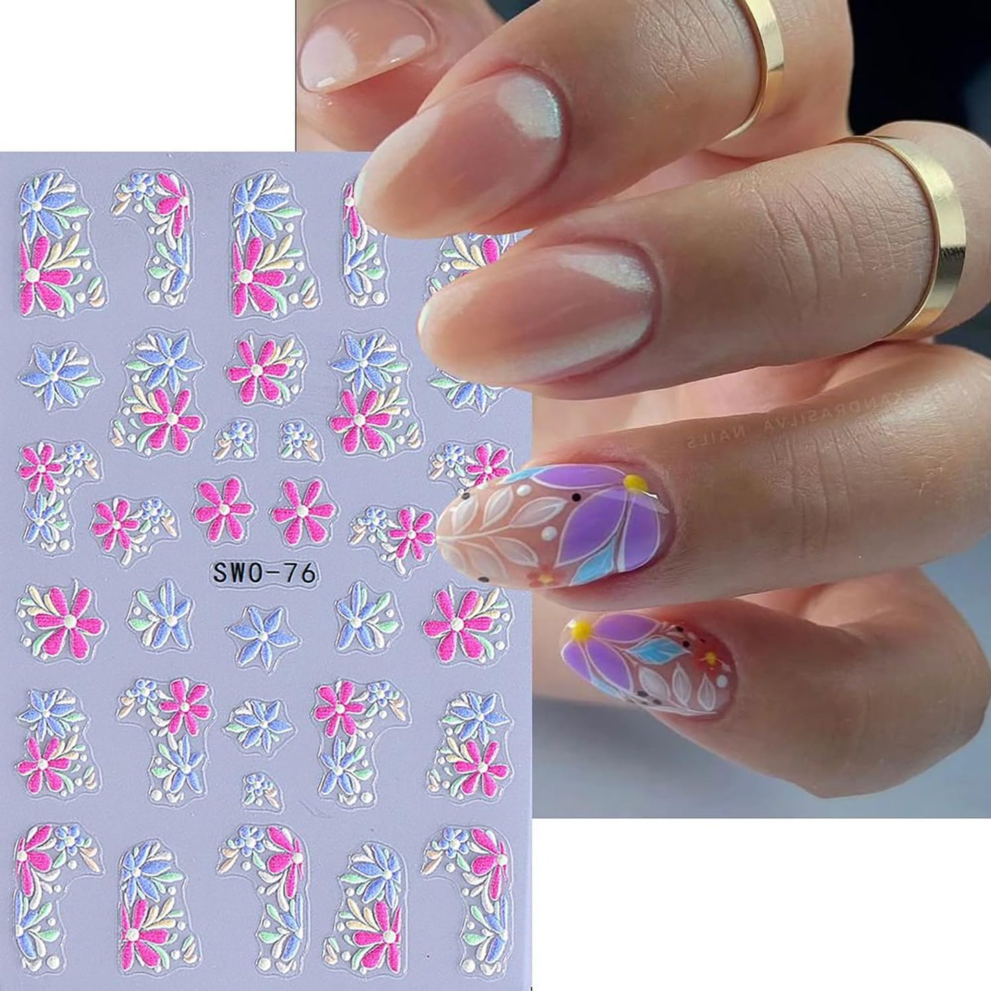 6 Sheets Flower Nail Art Stickers Rose Daisy Nails Art Decals 3D Self-Adhesive Nails Sticker Holographic Stereo Blossom Decal Decoration for Women Wreath Manicure Stickers DIY Nail Supplies-BrightBean Baby