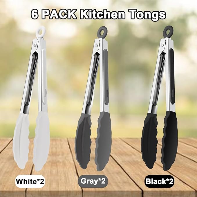6 PCS Silicone Tongs,Cooking Tongs with Silicone Tips,7 Inch Stainless Steel Silicone Kitchen Tongs,Heat Resistant Non-Stick,for Cooking Grilling Salad,BBQ Tongs with Locking