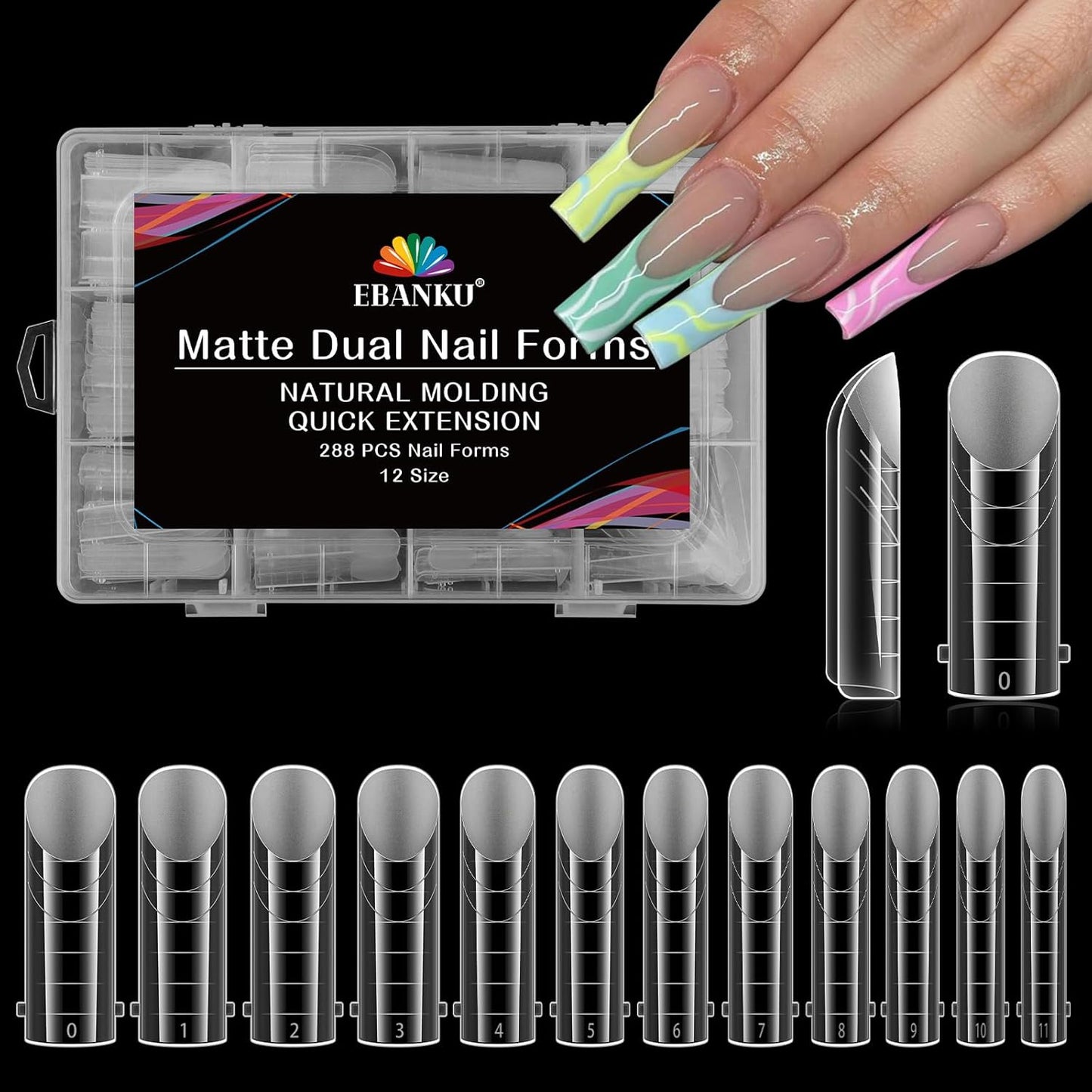 EBANKU 288Pcs Matte Dual Nail Forms, Clear Poly Gel Nail Molds Square Full Cover Coffin Nail Tips Extension Forms for Gel Manicure Nail Art Design Salon&DIY-12 Sizes-BrightBean Baby