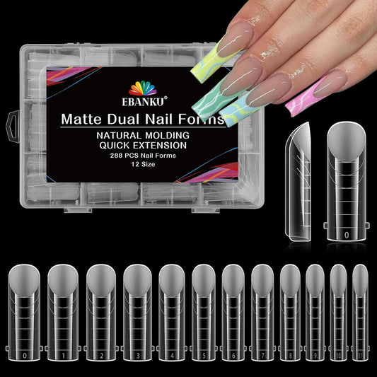 EBANKU 288Pcs Matte Dual Nail Forms, Clear Poly Gel Nail Molds Square Full Cover Coffin Nail Tips Extension Forms for Gel Manicure Nail Art Design Salon&DIY-12 Sizes-BrightBean Baby