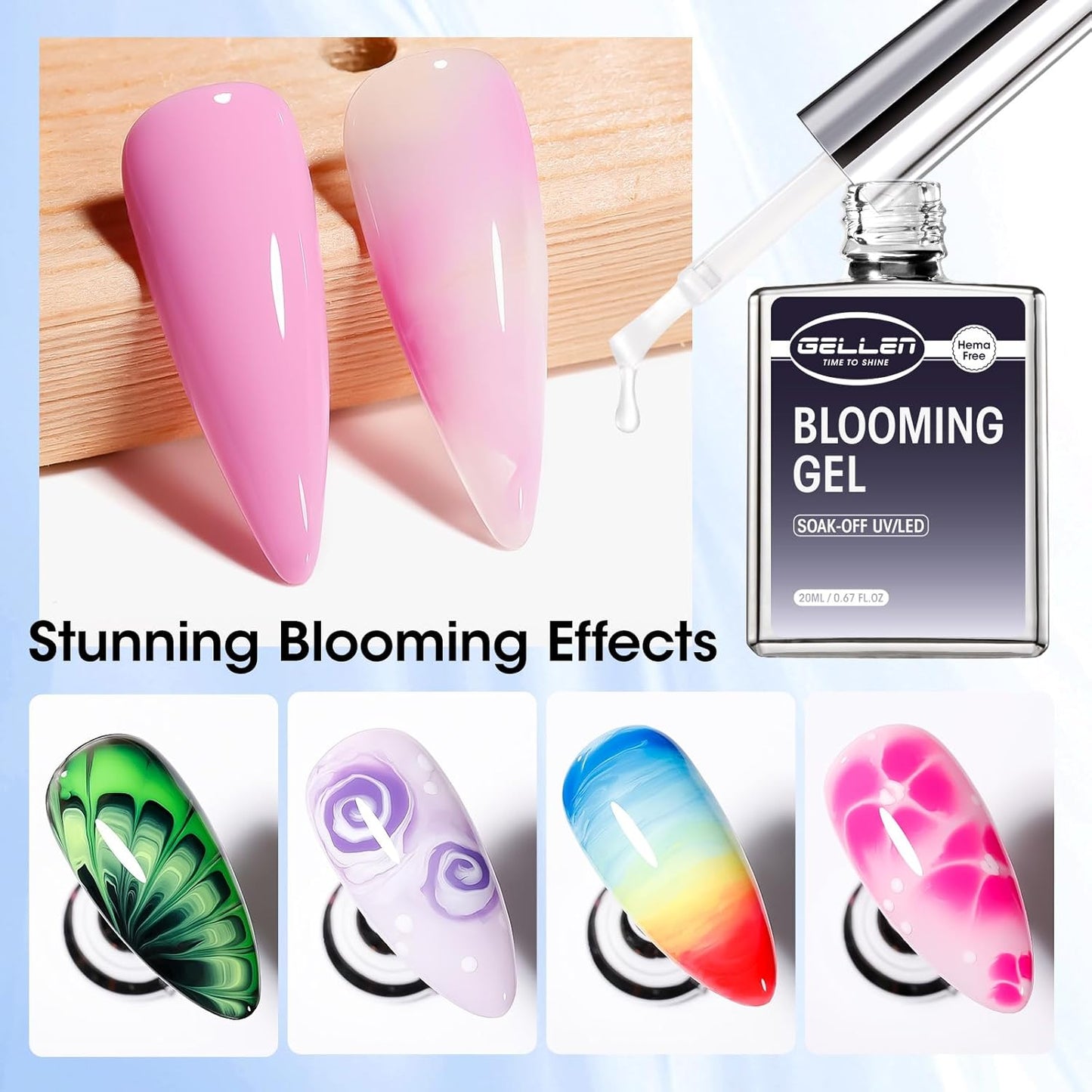 GELLEN 20ML Blooming Gel, Hema Free Blooming Gel Nail Polish, Soak off Clear UV LED Blossom Nail Gel for Spreading Effect, Marble Watercolor Floral Nail Art Design, DIY Manicure Gift for Women-BrightBean Baby
