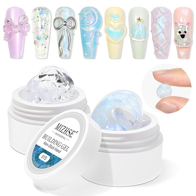 MIZHSE Non-Sticky Solid Builder Gel, Aurora Blue and Clear Sculpting Gel for Nails, Mermaid Pearl Building Carving Modeling Hard Extension 3D Nail Art Salon Home DIY-BrightBean Baby