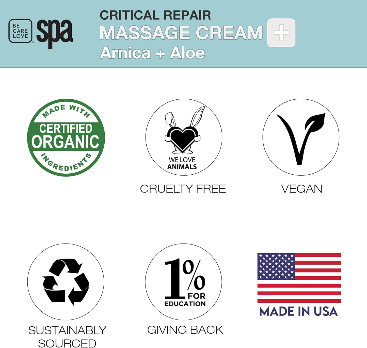 Be Care Love Spa Critical Repair Massage Cream with Organic Arnica and Organic Aloe Natural Vegan Clean Beauty Made in USA 16 fl oz-BrightBean Baby
