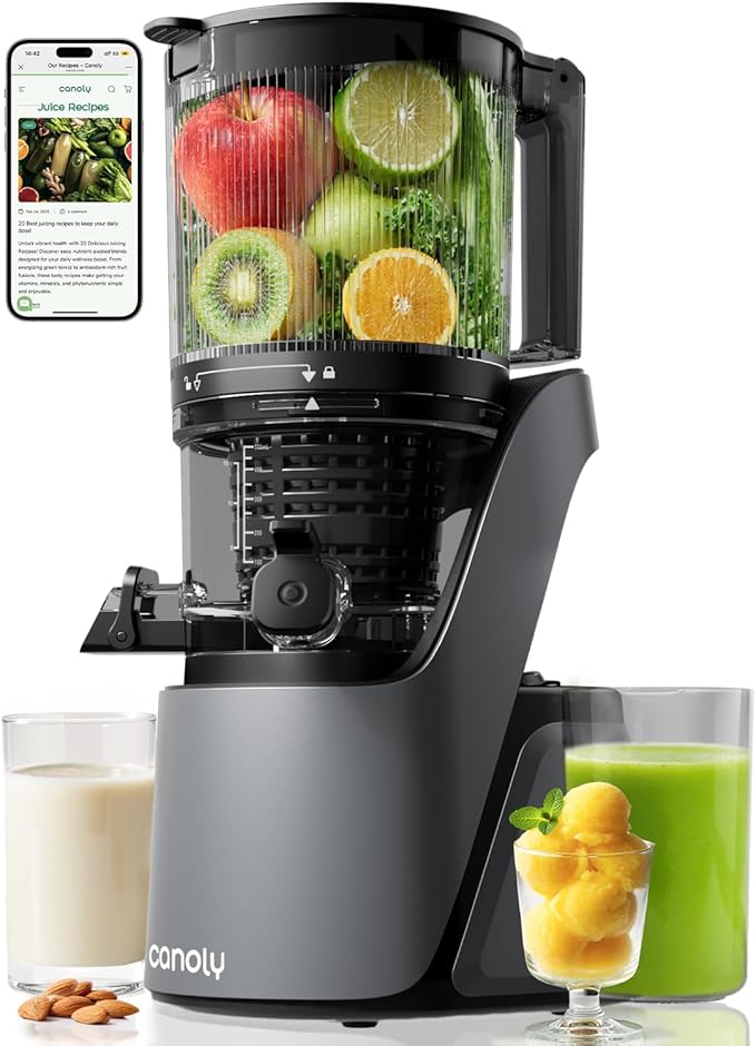 Canoly C16 Cold Press Juicer, 6" Extra Wide Feed Chute, 3-IN-1 Strainers (Juice & Sorbet & Nut Milk), Powerful AC Brushless Motor, Self Precut System, Juicer Machines with BPA-Free (Space Gray)