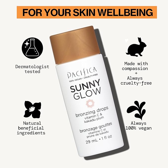Pacifica Sunny Glow Liquid Face Bronzer Drops - Face Makeup Bronzing For Face & Cheeks for Instant Sun-Kissed Glow - Vitamin C & Glycolic Acid Infused Liquid Bronzer Illuminating Highlighting Clean-BrightBean Baby