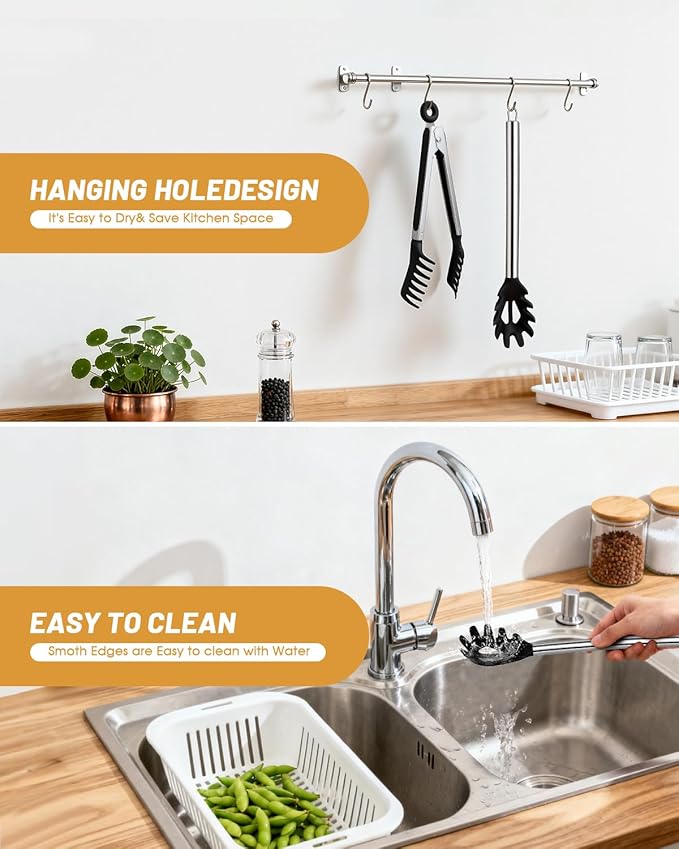 Spaghetti Spoon and Pasta Tong with Grip Teeth and Drain Holes, 2-Piece Non-Stick Silicone Head with Stainless Steel Handle, Heat Resistant Food Grade Utensils for Cooking, Serving, Salad and Noodles