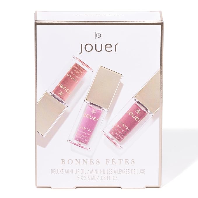 Jouer Bonnes Fêtes Deluxe Mini Lip Oil - Tinted Hydrating Lip Oil Gloss – Moisturizing Dry Lip Treatment Serum - Fragrance Free Tinted Lip Oil - Jojoba Seed Oil and Apricot Oil Formula - Valued at $42-BrightBean Baby