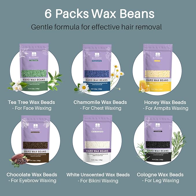 BLITZWAX Back and Nose Waxing Kit for Men, Hard Wax Warmer for Brazilian, Body and Face, At Home Hair Removal Kit, Beginner Friendly, Quick Heating, 93 Accessories, Blue Spruce-BrightBean Baby