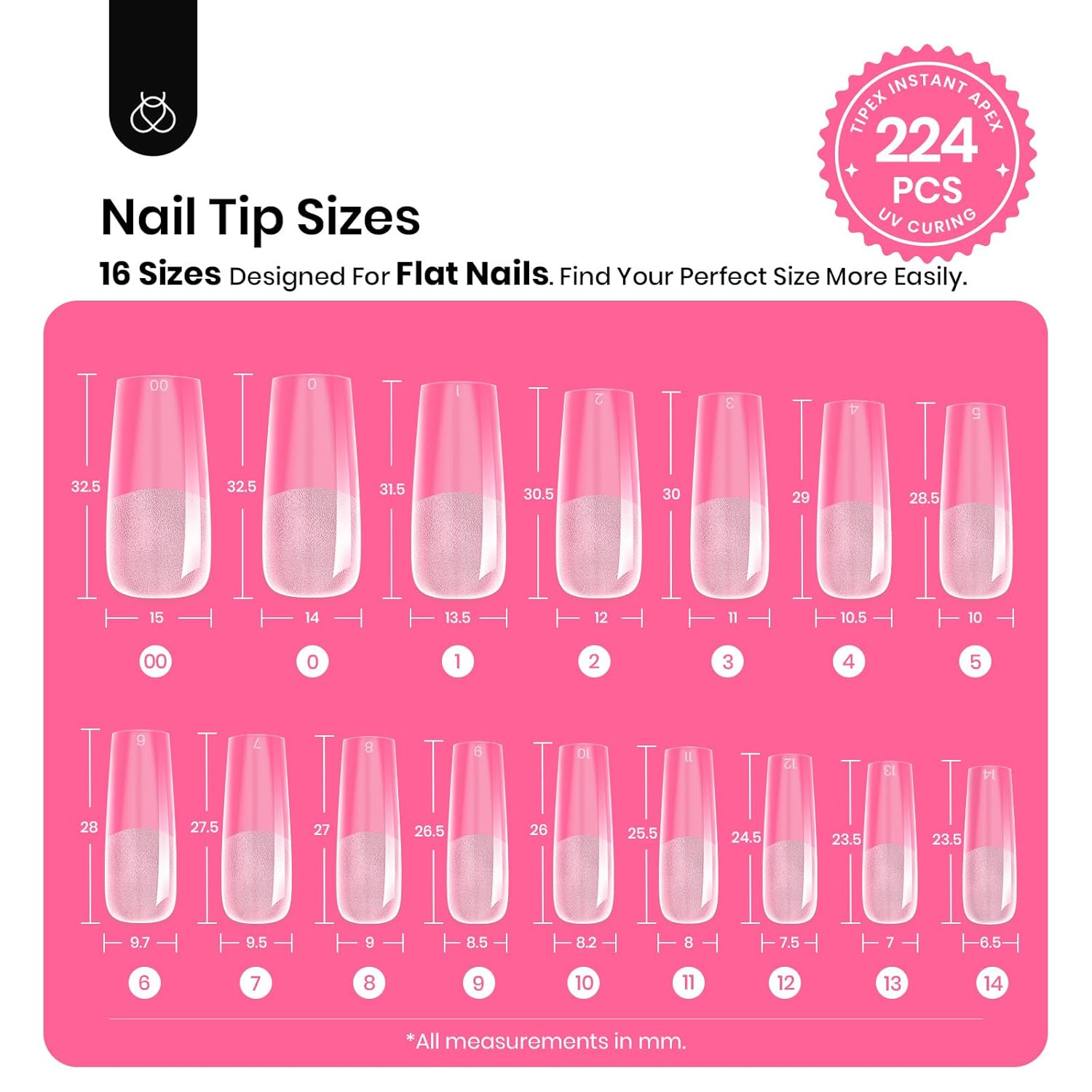 Beetles Tipex Nail Tips Kit, Long Square-C Curved Half Matte Nail Tips 224 Pcs 16 Sizes Pre Building Fake Nails with Tipex Nail Glue, Mini Nail Lamp - Thick Acrylic Nail Set-BrightBean Baby