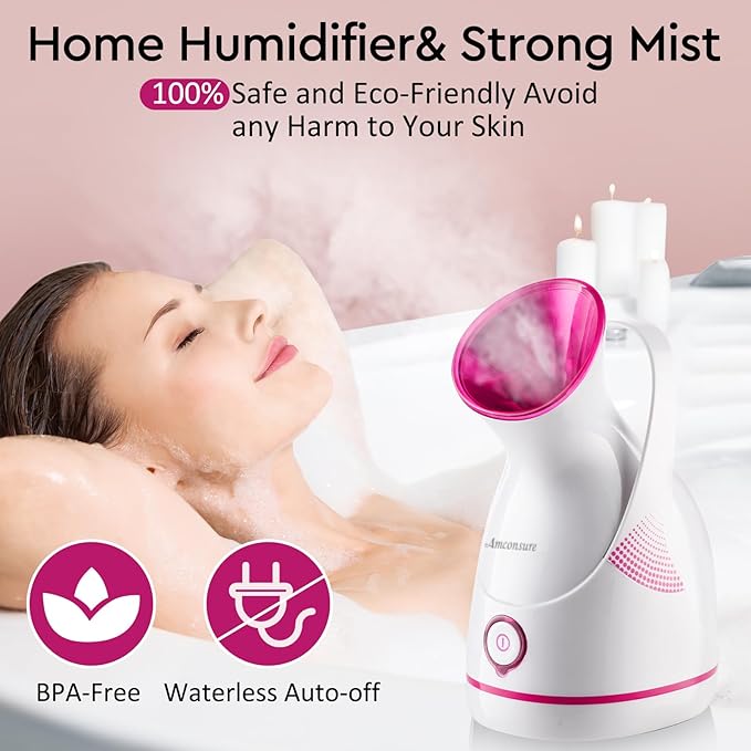 Amconsure Facial Steamer - Nano Ionic Face Steamer Warm Mist Steamer for Home Sauna SPA, Humidifier for Face Steamer for Deep Cleaning Unclogs Pores Sinuses - Bonus 5 Piece Stainless Steel Skin Kit-BrightBean Baby