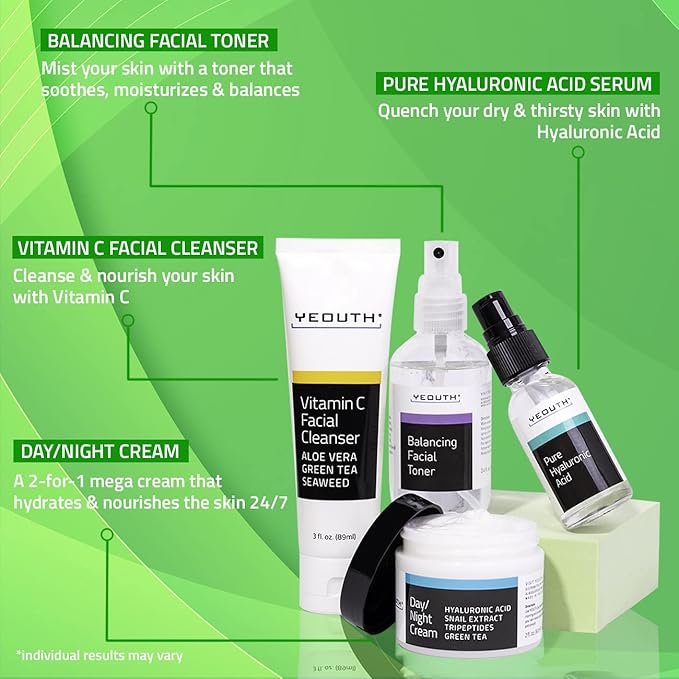 YEOUTH Skin Care Set: Hyaluronic Acid Serum, Vitamin C Cleanser, Toner & Face Cream, Teen Skincare Kit Girls & Boys 4-Piece Beauty Gifts-BrightBean Baby