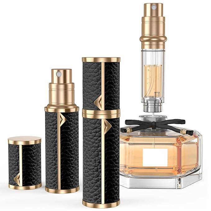Perfume Travel Refillable Bottle,Genuine Leather Bottom-Filling Fragrances Perfume Atomizer,Mini Cologne Dispenser,Portable Sprayer Pocket Size for Cruise Car Trip Purse Gift 5ml (Black)-BrightBean Baby