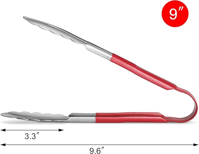 New Star Foodservice 35872 9-Inch Utility Spring Tongs, Stainless Steel, Vinyl Coated, Set of 12, Red
